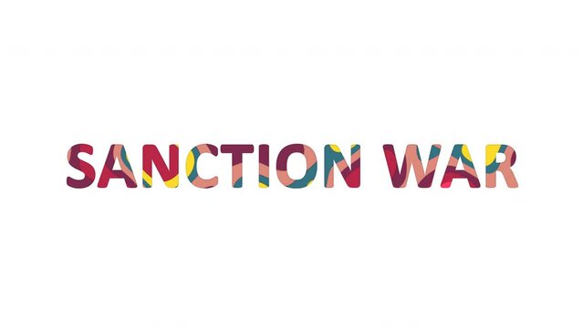 Multi-colored inscription collocation SANCTION WAR with colored spots floating inside. In-Out loop, Alpha channel at the end