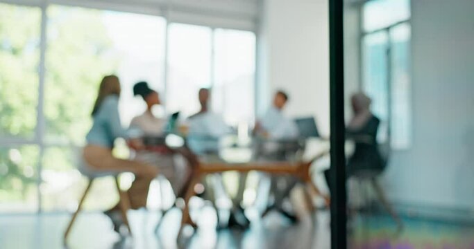 Blurry, corporate and staff brainstorming, teamwork and innovation in meeting for deadlines, partnership and sales growth. Team or employees share ideas, confirm budget or collaboration in workplace