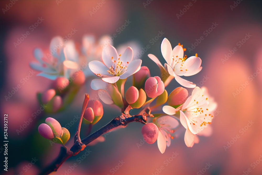 Wall mural Brunch of light pink cherry or sakura blossoms on background. Botanical selective focus. AI Generated