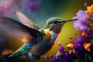 Fototapeta premium Beautiful hummingbird flying Amongst the colorful Spring Flowers. Blooming Flowers with amazing Bokeh and Featuring a elegant bird colibri at beautiful sunset. Ai generated art