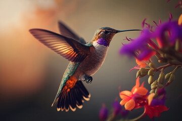 Beautiful hummingbird flying Amongst the colorful Spring Flowers. Blooming Flowers with amazing Bokeh and Featuring a elegant bird colibri at beautiful sunset. Ai generated art