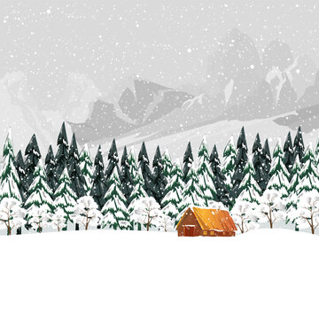 Winter forest landscape with Wood Barn,Fir Trees and Pines in Snowy day.Vector cartoon horizon coniferous forest with snow falling at night,Backdrop background banner for Christmas,New Year Decoration