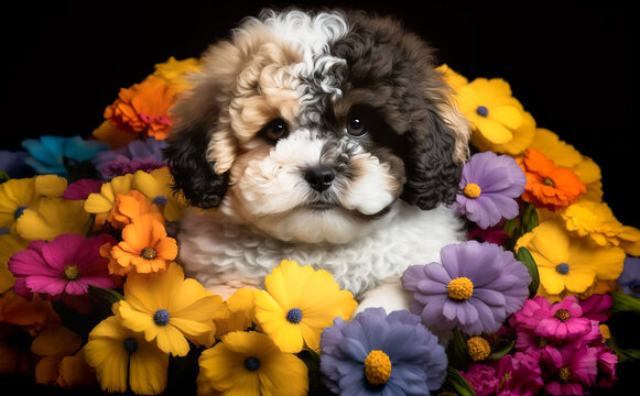 Puppy and flowers, cute pet puppy dog mixed in with bright colorful flowers.  Image created with generative ai.