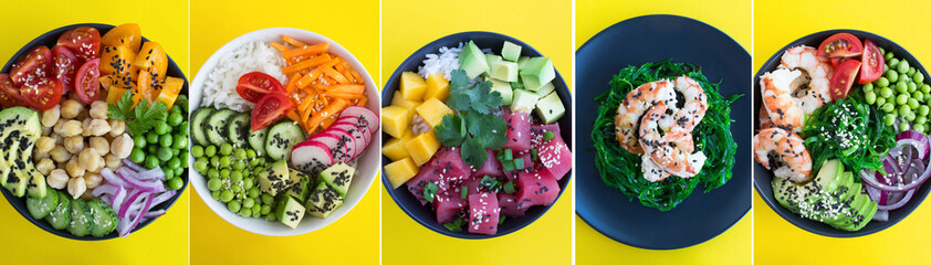 Collage of poke salad. Poke salad in the bowl on the yellow  background. Top view. Close-up.