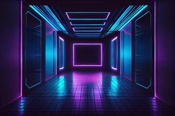 Rectangular  Laser Blue Purple Glowing Sci Fi Neon Frame. Concrete Reflective Floor. Metallic Texture. Cyberpunk Synth Tunnel Corridor. Garage Warehouse in Virtual Reality. Dark Scene. Generative Ai