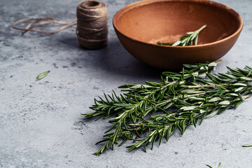 Fresh rosemary herbs still life on grey background, close up