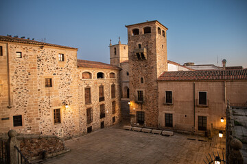 Night photographs of the old town of the monumental city of Cáceres, Extremadura, Spain. UNESCO...