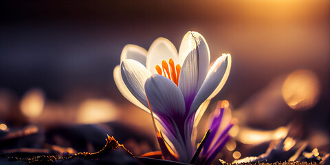 Crocus macro. Spring white flowers. Panoramic meadow landscape with blossoming plants and sun glare AI Generated