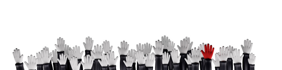 Group of hands reaching up isolated on transparent background. One hand in red color.