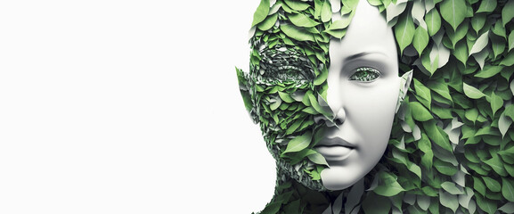 Banner an abstract digital human face. Artificial intelligence concept. Covered in green leaves, clean ultra white studio background