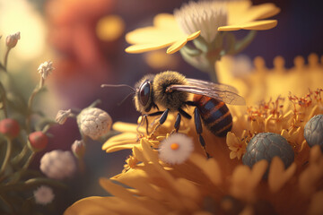 Close up bee on flower with blooming garden and sunny light on background. Realistic 3D render. Generated AI - obrazy, fototapety, plakaty