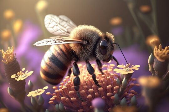 Close up bee on flower with blooming garden and sunny light on background. Realistic 3D render. Generated AI