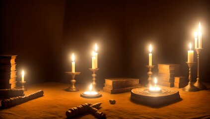 Candles burning in dark room still life with cloth, books, fruit, roses. ai generated .