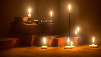 Candles burning in dark room still life with cloth, books, fruit, roses. ai generated .