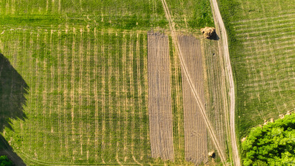 Aerial view of a land with sown fields in countryside. Landscape agriculture. Countryside. Top view farmland