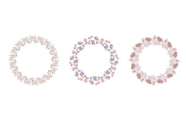 Set of round floral decorative wreaths. Circular frames