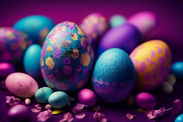 Exquisite Easter eggs adorned with shades of regal purple and serene robin blue, creating a truly elegant and beautiful display. AI generated.