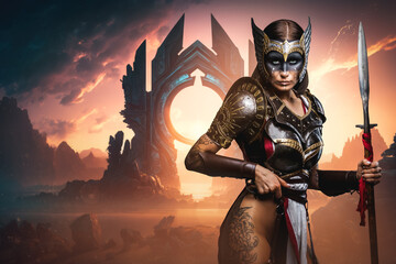 Naklejka premium Portrait of fearless warrior woman from past with spear against mythical gates.