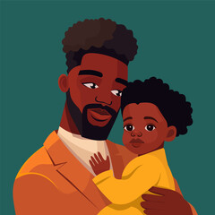African American father holding his daughter with care and love. Cute fathers day illustration.