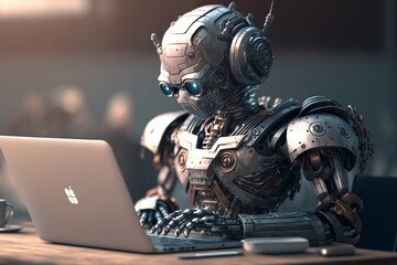 Plakat Adorable humanoid robot work on laptop. Generative AI.