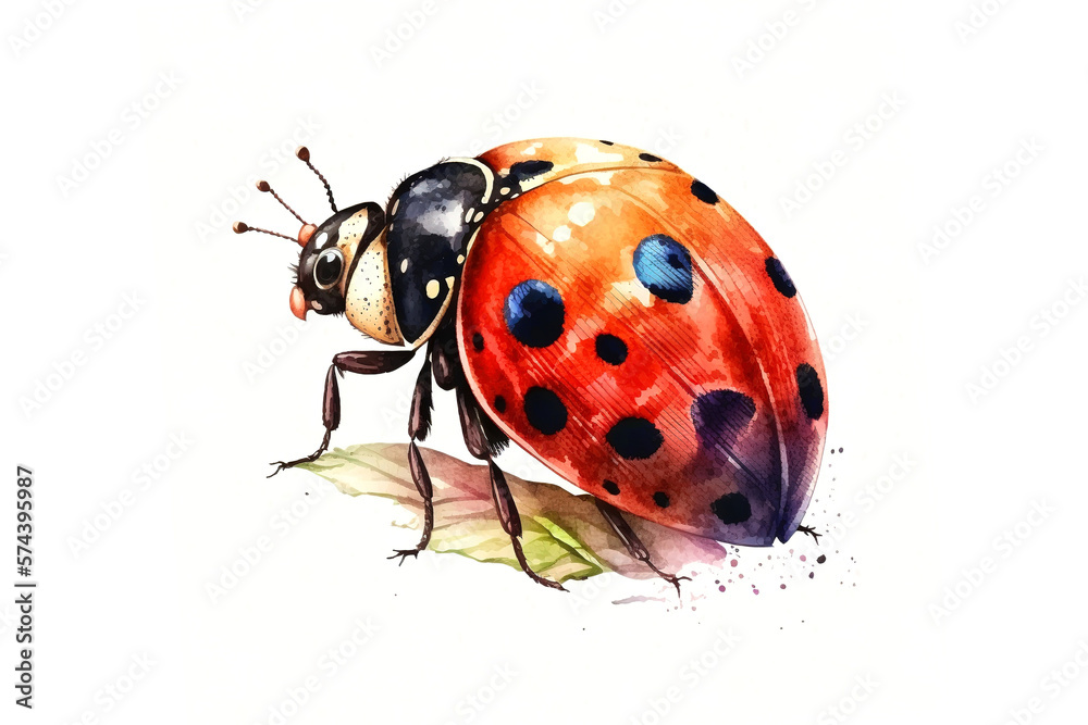 Poster ladybug painted with multicolored watercolors isolated on white background. ai generated