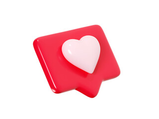 Speech bubble with heart 3d render icon - red love message or social media like notifications. Romantic conversation chat or lovely comment element. Romance emotion or feedback button.