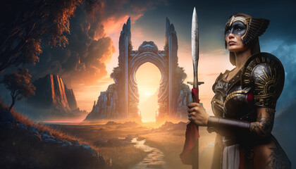 Portrait of northen woman fighter with spear against fantasy gates and sunshine.