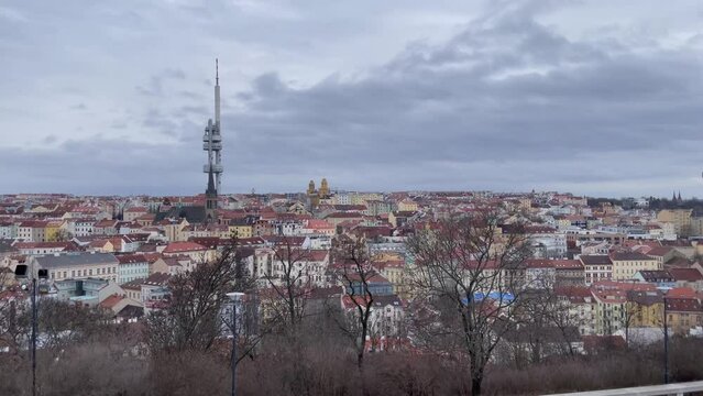 View of Praguem Czech Republic historical center from The National Monument at Vitkov hill, view of Zizkov tower