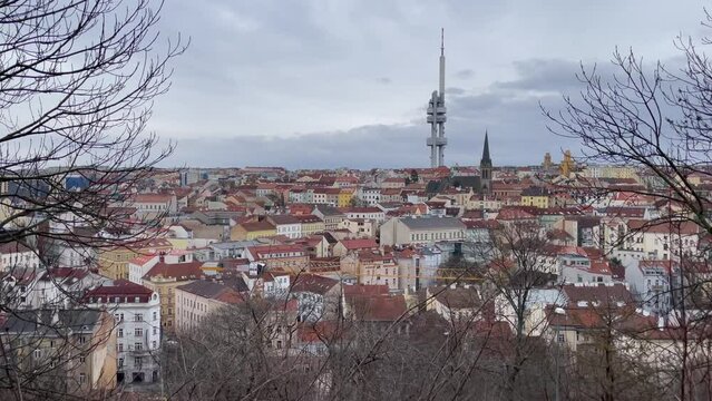 View of Praguem Czech Republic historical center from The National Monument at Vitkov hill, view of Zizkov tower