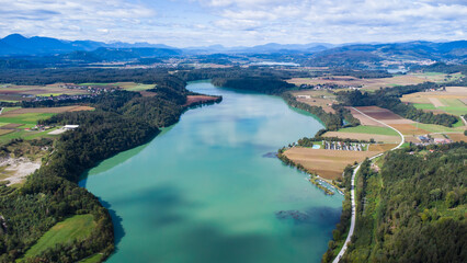 Aerial view of a water reservoir at the river Drau