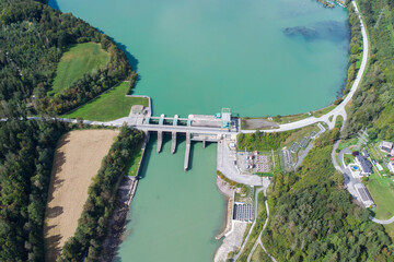 Fototapeta na wymiar Aerial view of the water power plant Endling at the river Drau