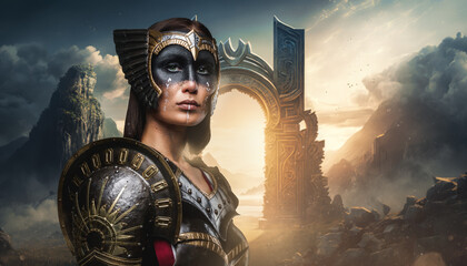 Portrait of female warrior from north with makeup dressed in dark armor. - obrazy, fototapety, plakaty