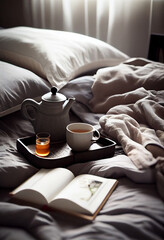 Fototapeta na wymiar tray with cup of hot tea in the bed, lazy morning, warm winter mood, AI Generated
