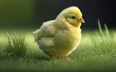 Cute newly hatched Easter Chiken on a lush green lawn in soft morning light. Generative AI illustration with shallow depth of field.