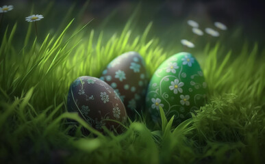 Easter Eggs decorated with floral painting, on a fresh green lawn in soft morning light. Generative AI illustration with shallow depth of field.