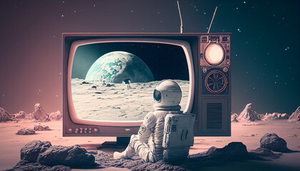 Astronaut watches a vintage tv on an extraterrestrial planet, Generative ai
