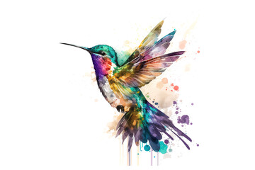 Obraz premium hummingbird drawn with colorful watercolors isolated on white background. AI generated