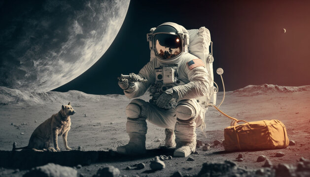 An astronaut on an earth-like planet plays with a dog with the moon on the background, Generative ai
