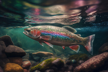 Fototapeta premium a fish with rainbow colors under water. Generative AI