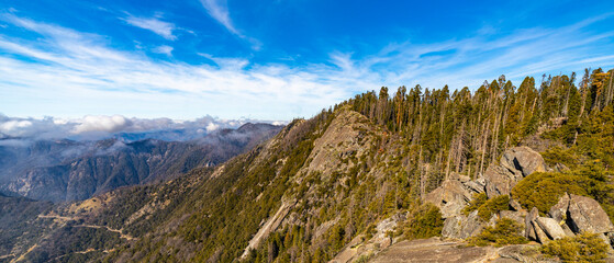 panorama of mountains in sequoia national park seen from moro rock; spring panorama of unique...