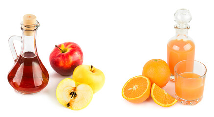 Apples, oranges and fruit juices in jugs isolated on white . Free space for text. Collage.