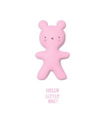 Cute Baby Shower Vector Illustration with Funny Pink Bear Toy and Handwritten 