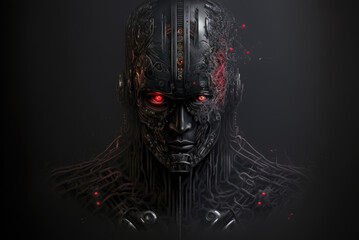 A portrait of a black sci-fi android male robot with glowing red eyes on a black background. Created with Generative AI
