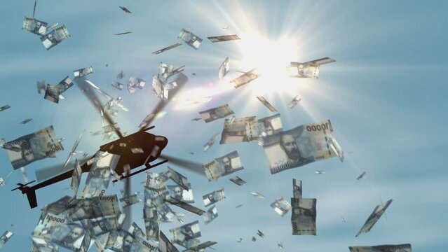 Chile Pesos banknotes helicopter money dropping. Chilean 10000 CLP notes abstract 3d concept of inflation, money printing, finance, economy, crisis and quantitative easing.