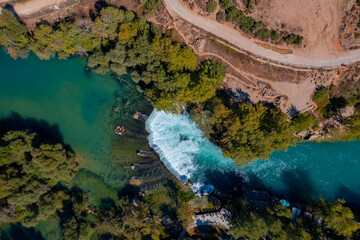 Aerial top view Manavgat waterfall Antalya, Turkey drone photo