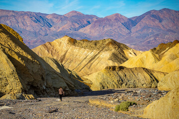 hiker girl walks through Golden Canyon Trailhead near zabriskie point in death valley national park; hiking through golden canyon at sunrise