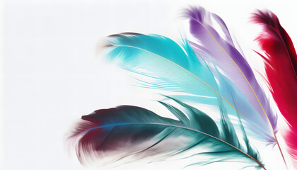 Fototapeta na wymiar Beautiful prismatic feather background, random multicolored pastel tinted blue feather texture - small fluffy blue feathers randomly scattered forming a background