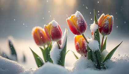 First spring flowers. Blooming tulip flowers covered snow with blurry bokeh and sparkling detail. Ai generated art - 574401158