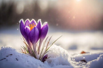 First spring flowers. Blooming purple crocus flower covered snow with blurry bokeh and sparkling detail at sunrise. Ai generated art
