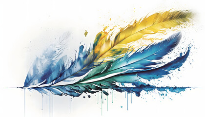 watercolor feathers blue and yellow color isolated on white background. with focus stacking